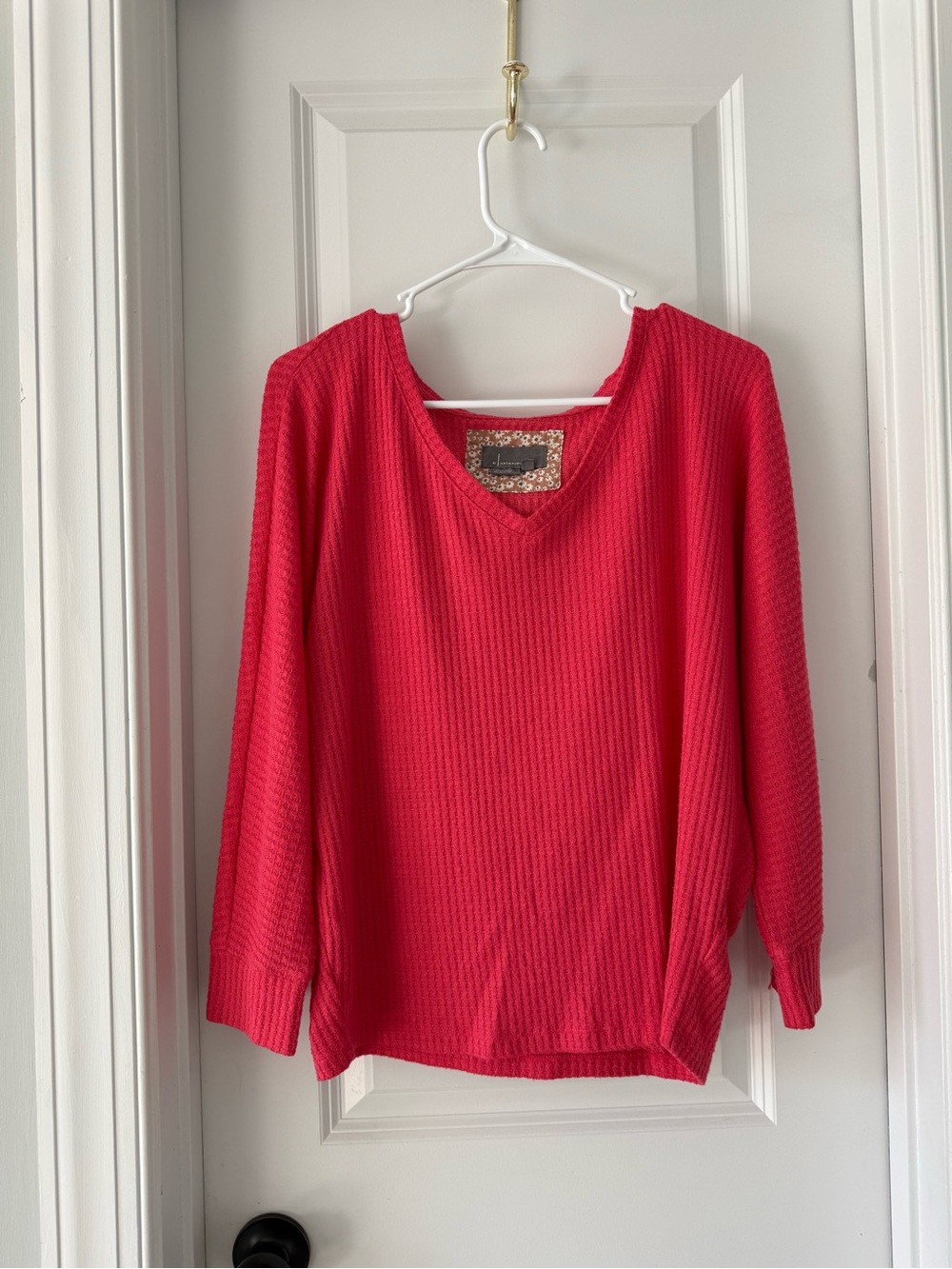 by Anthropologie Coral Pink Waffle Knit V-Neck Thermal Top